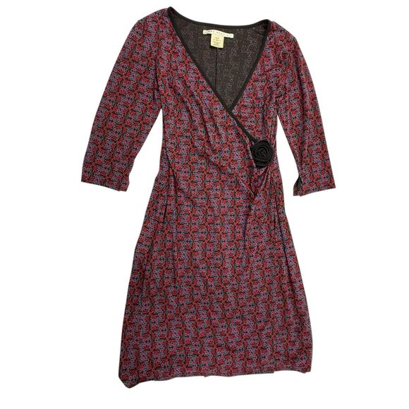 Vintage Y2K USA Max Studio Long Sleeve Faux Wrap Dress Size MP Red Blue Floral - Picture 2 of 11